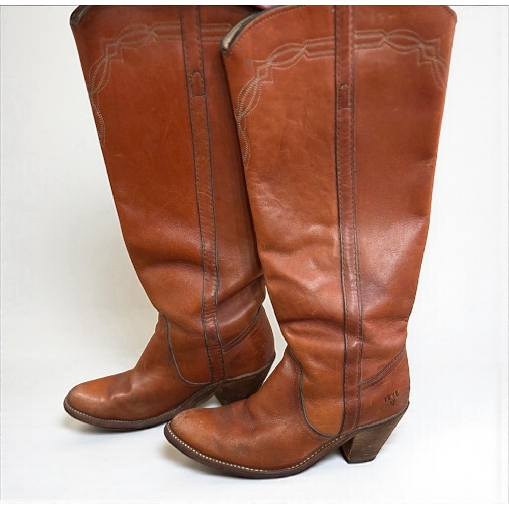 Vtg Frye 70's Campus Leather Stacked Heel Riding Boots Womens 8 Cognac Brown USA - Picture 3 of 12